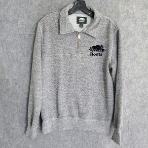 Roots Canada XS Logo Collared Heathered Gray 1/4 Zip Up Sweatshirt Beaver